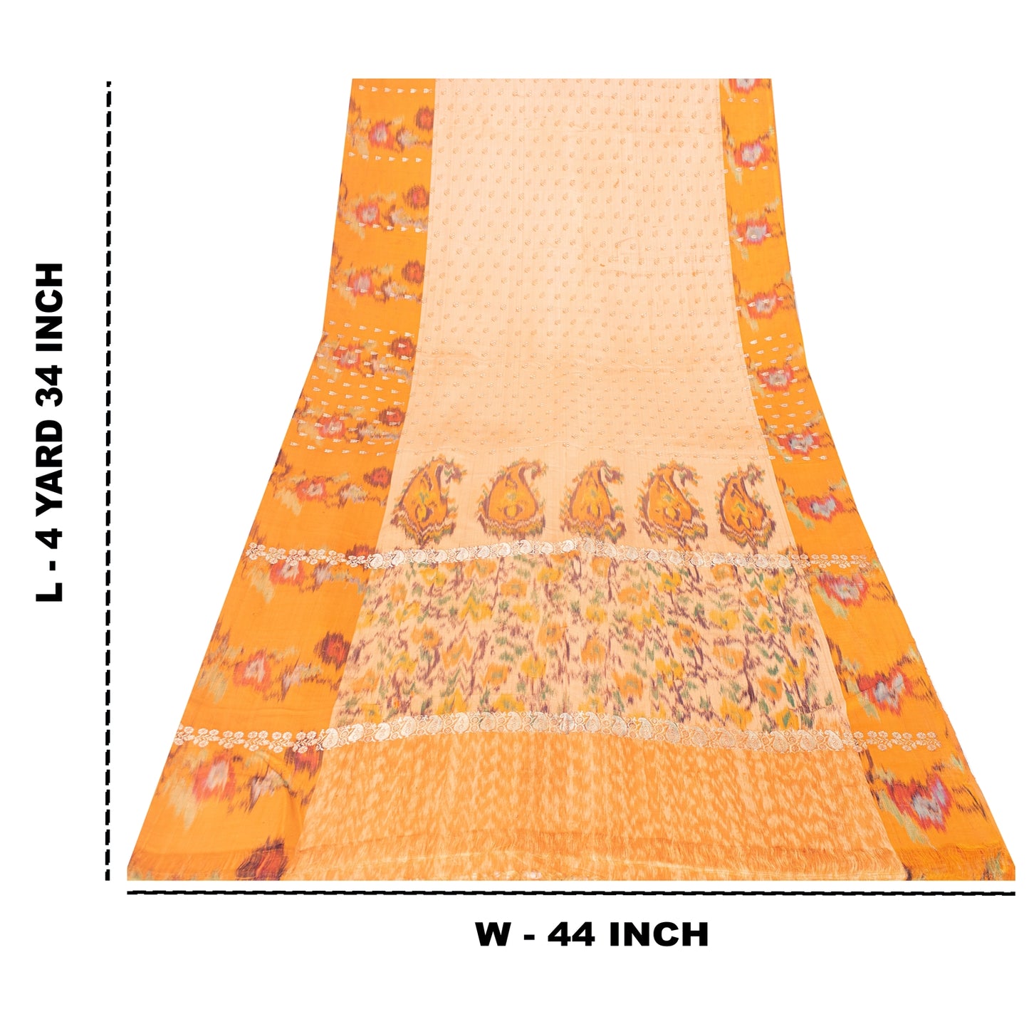 Sanskriti Vintage Sarees Ivory Brocade Zari & Ikat Woven Pure Silk Sari Fabric