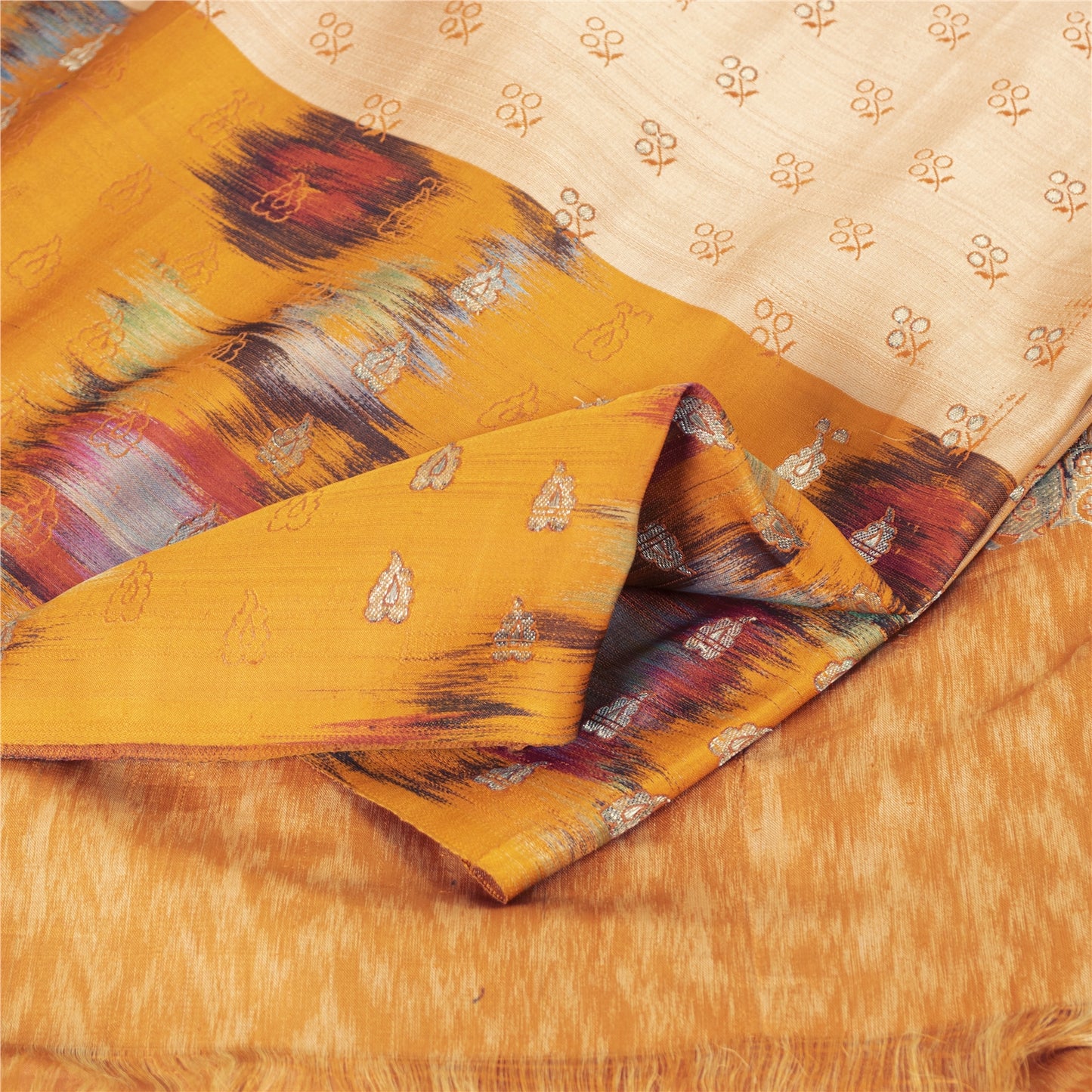 Sanskriti Vintage Sarees Ivory Brocade Zari & Ikat Woven Pure Silk Sari Fabric