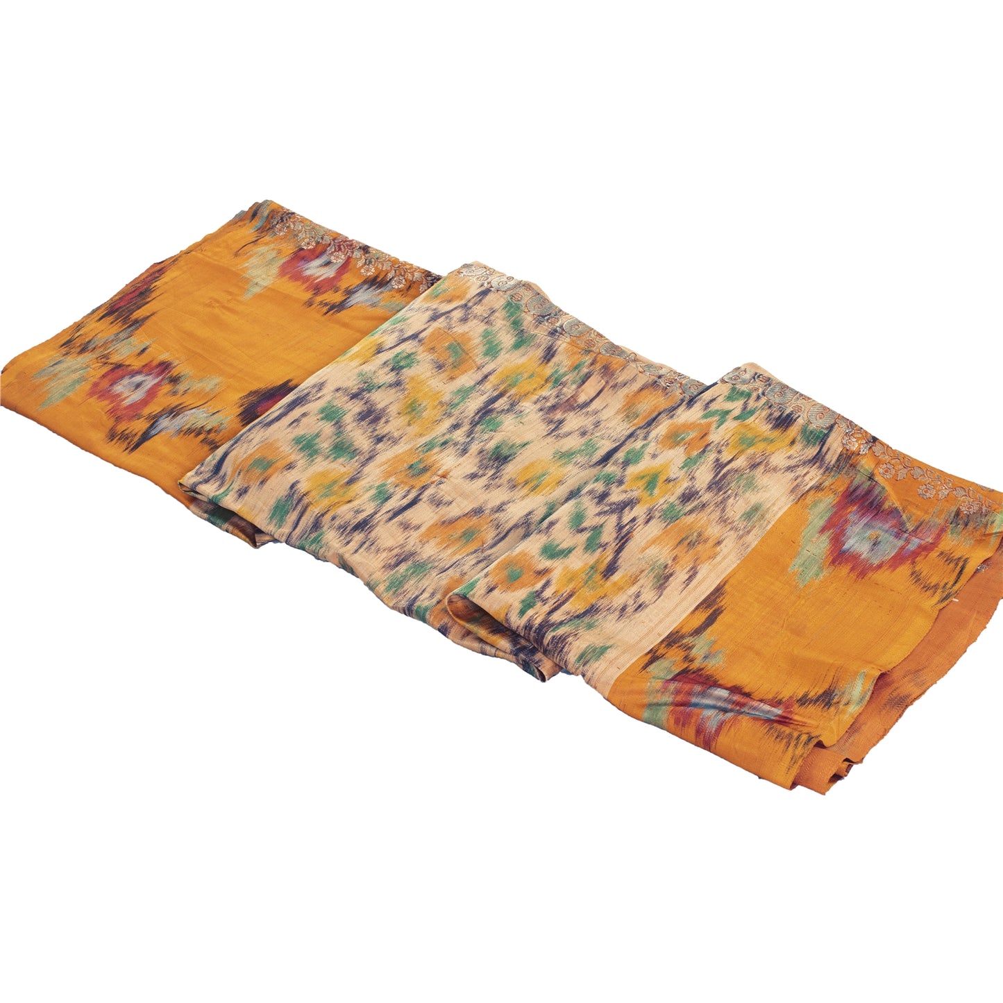 Sanskriti Vintage Sarees Ivory Brocade Zari & Ikat Woven Pure Silk Sari Fabric