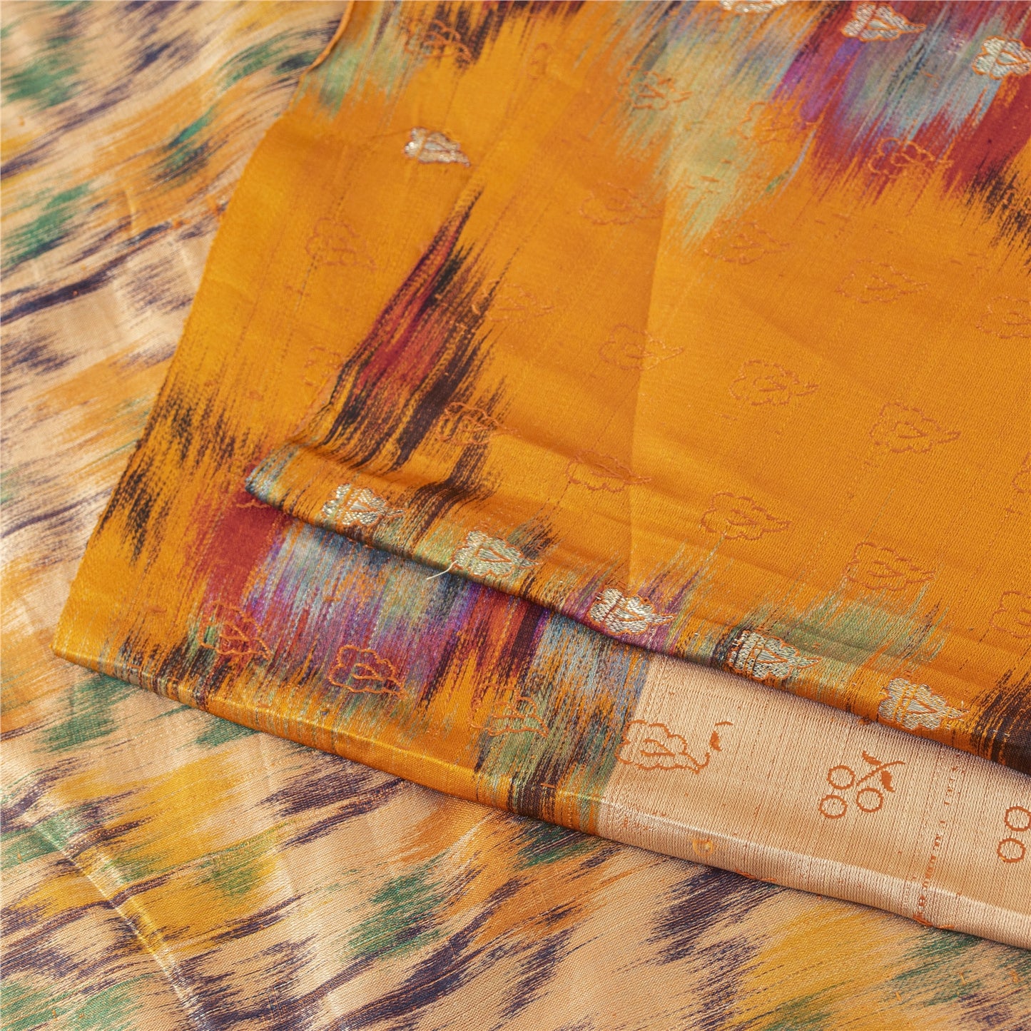 Sanskriti Vintage Sarees Ivory Brocade Zari & Ikat Woven Pure Silk Sari Fabric