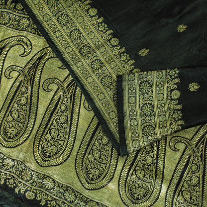 Sanskriti Vintage Saree Green Pure Satin Banarasi Brocade Zari Hand-Woven Sari