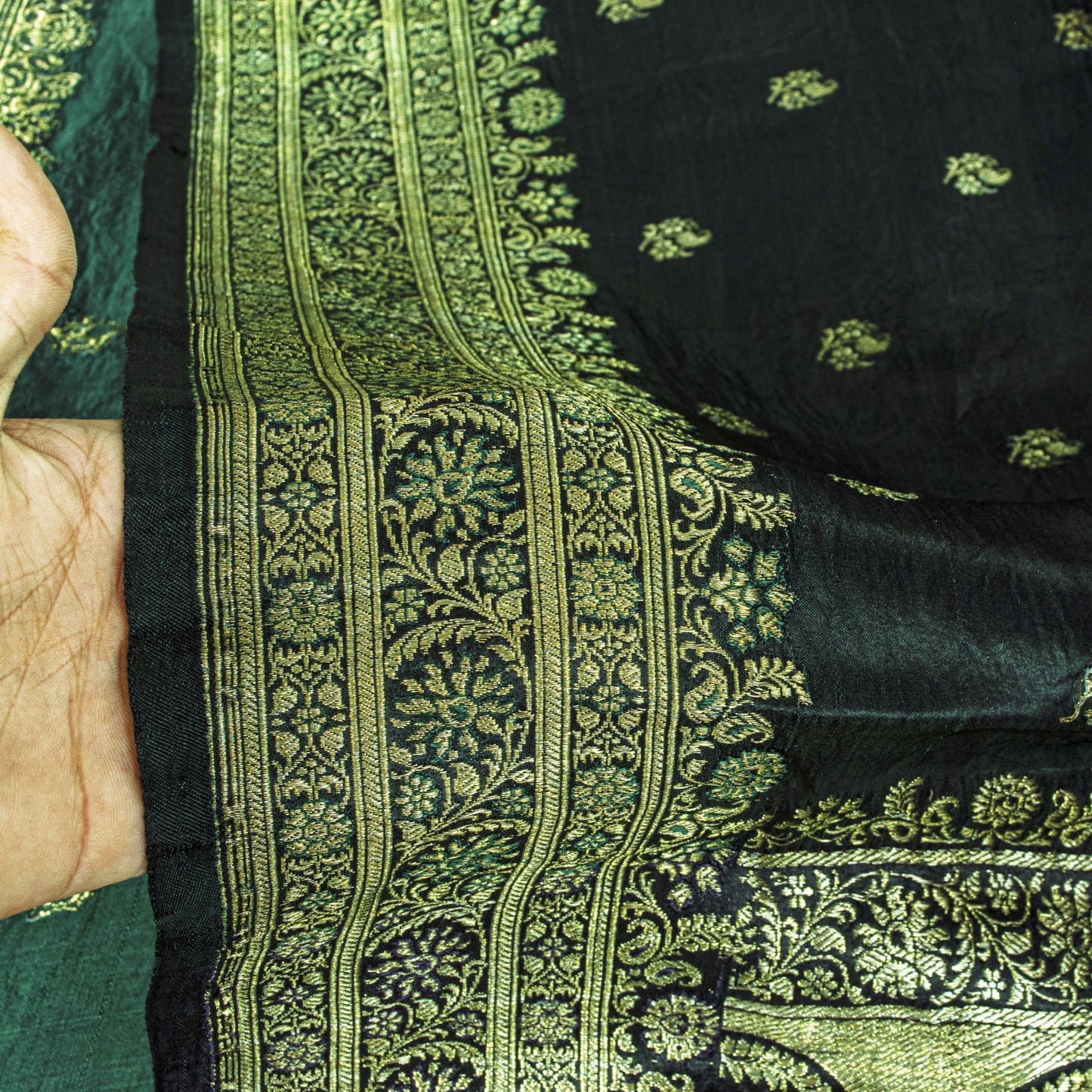 Sanskriti Vintage Saree Green Pure Satin Banarasi Brocade Zari Hand-Woven Sari