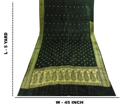 Sanskriti Vintage Saree Green Pure Satin Banarasi Brocade Zari Hand-Woven Sari