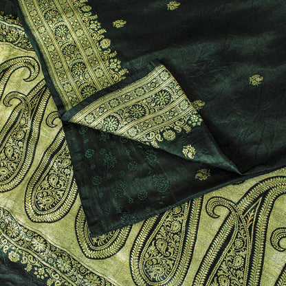 Sanskriti Vintage Saree Green Pure Satin Banarasi Brocade Zari Hand-Woven Sari