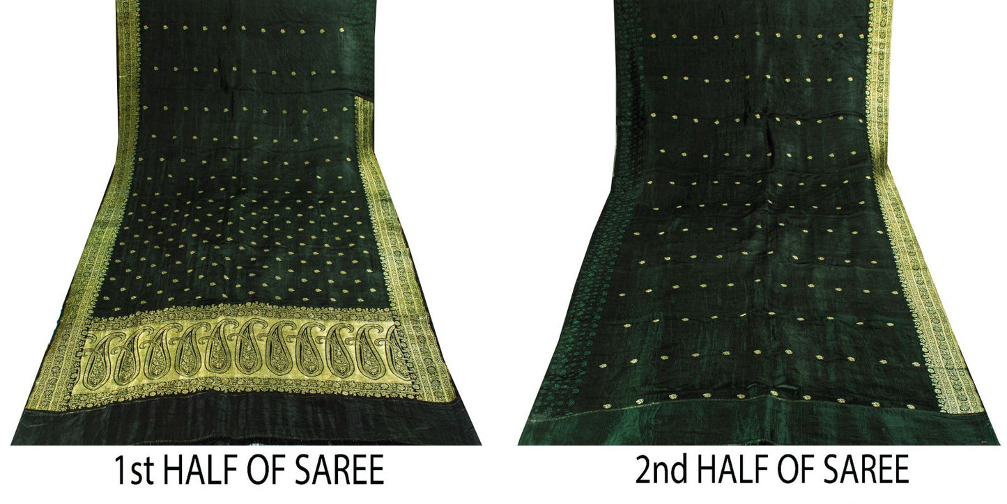 Sanskriti Vintage Saree Green Pure Satin Banarasi Brocade Zari Hand-Woven Sari