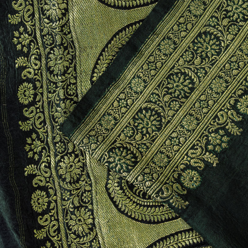 Sanskriti Vintage Saree Green Pure Satin Banarasi Brocade Zari Hand-Woven Sari