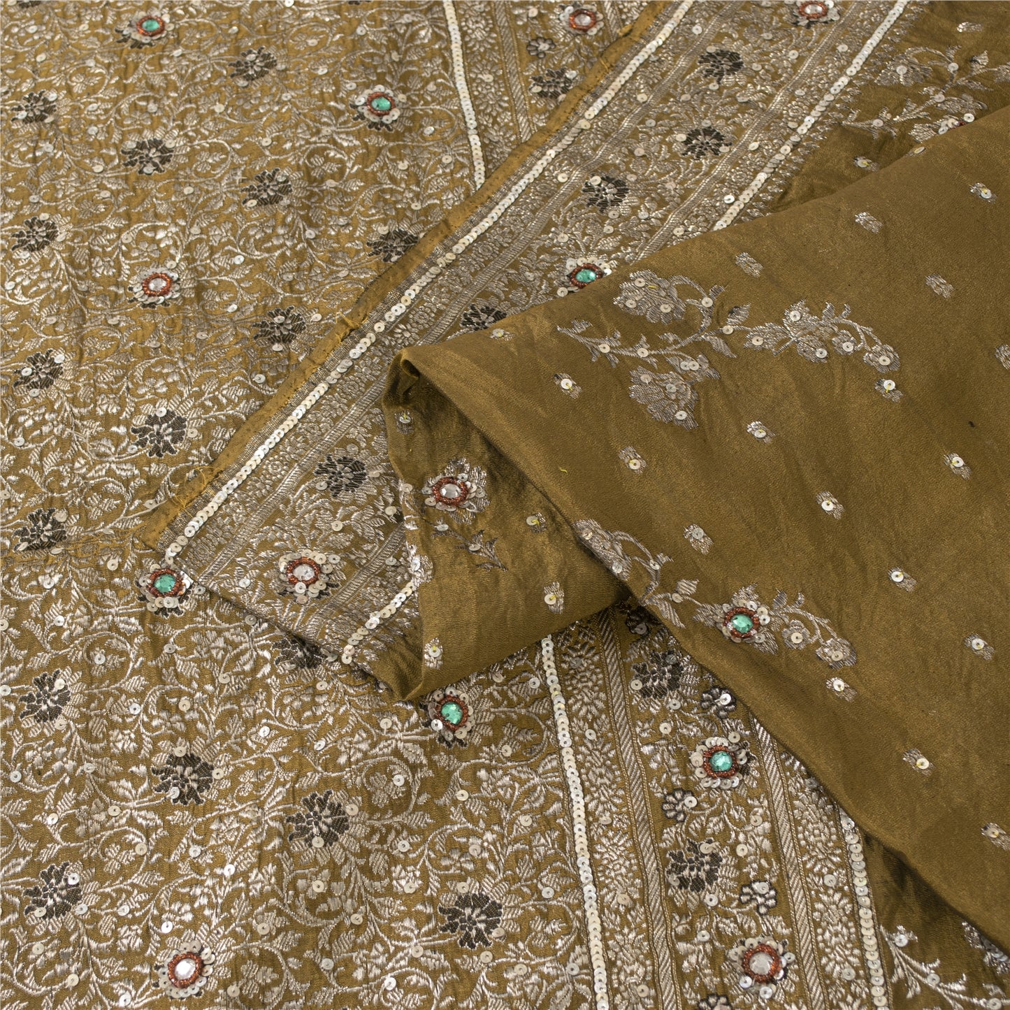 Sanskriti Vintage Sarees Banarasi Brocade Zari Woven Bead Blend Silk Sari Fabric