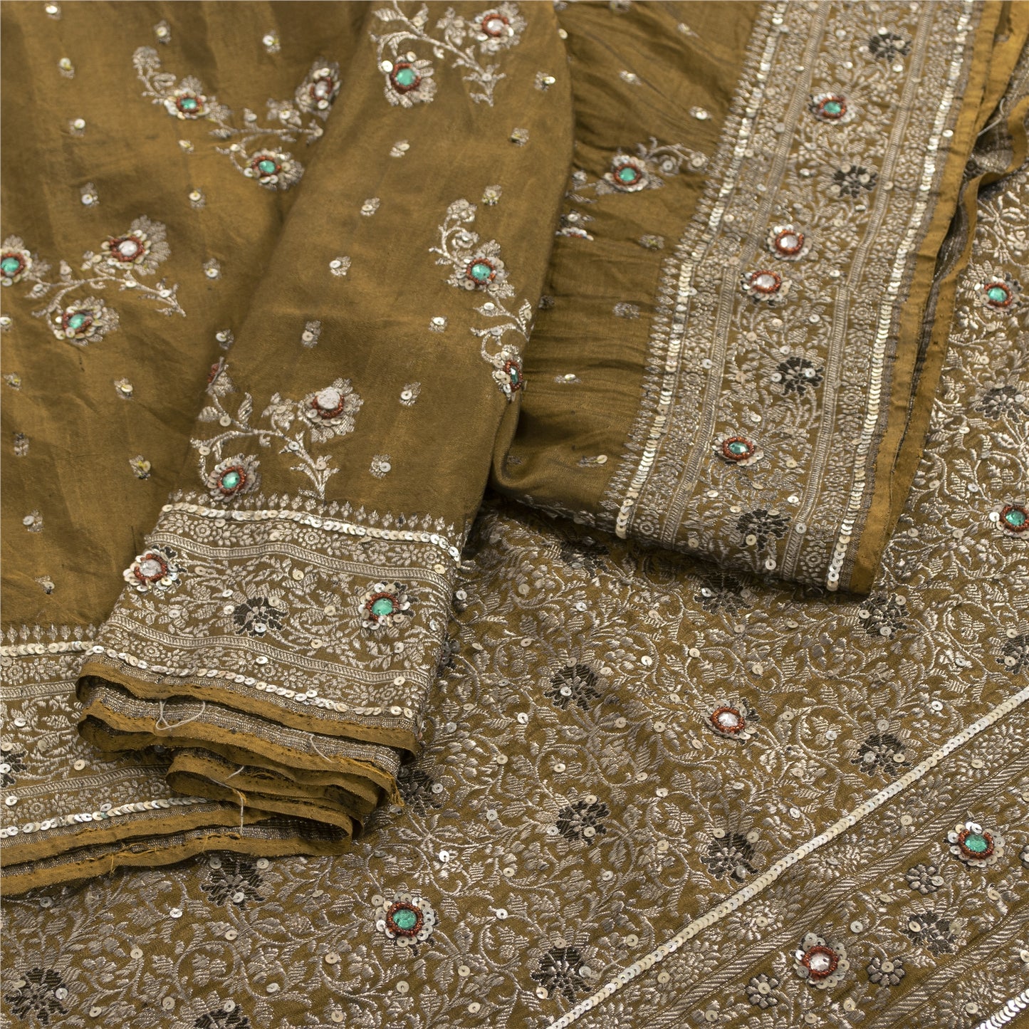 Sanskriti Vintage Sarees Banarasi Brocade Zari Woven Bead Blend Silk Sari Fabric