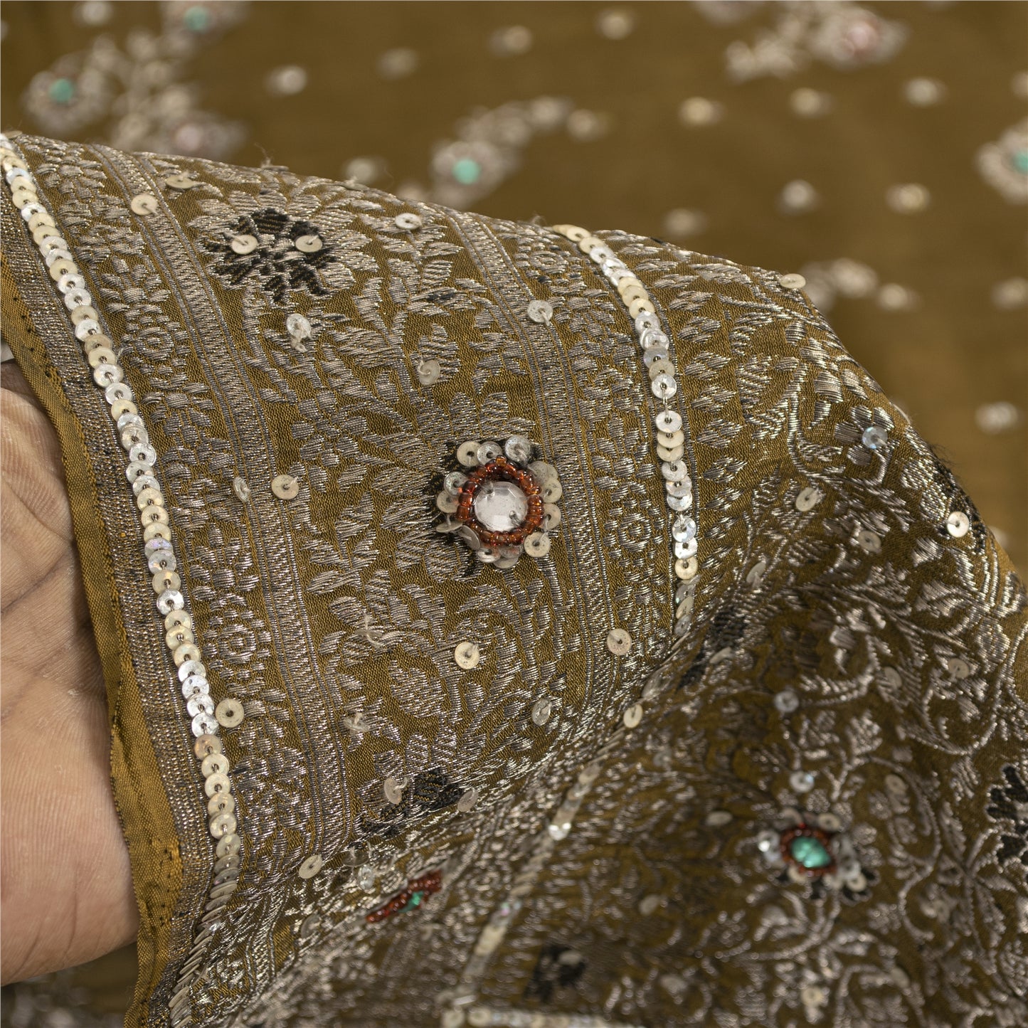 Sanskriti Vintage Sarees Banarasi Brocade Zari Woven Bead Blend Silk Sari Fabric