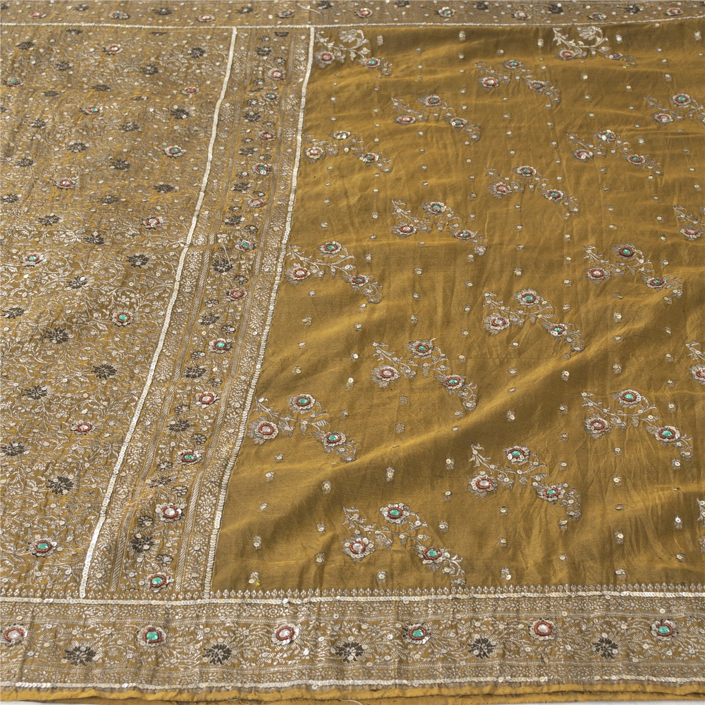 Sanskriti Vintage Sarees Banarasi Brocade Zari Woven Bead Blend Silk Sari Fabric