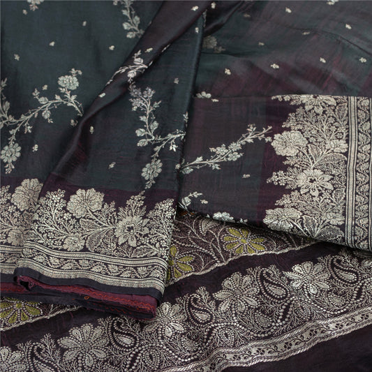 Sanskriti Vintage Sarees Wine Banarasi Brocade Zari Woven Pure Silk Sari Fabric