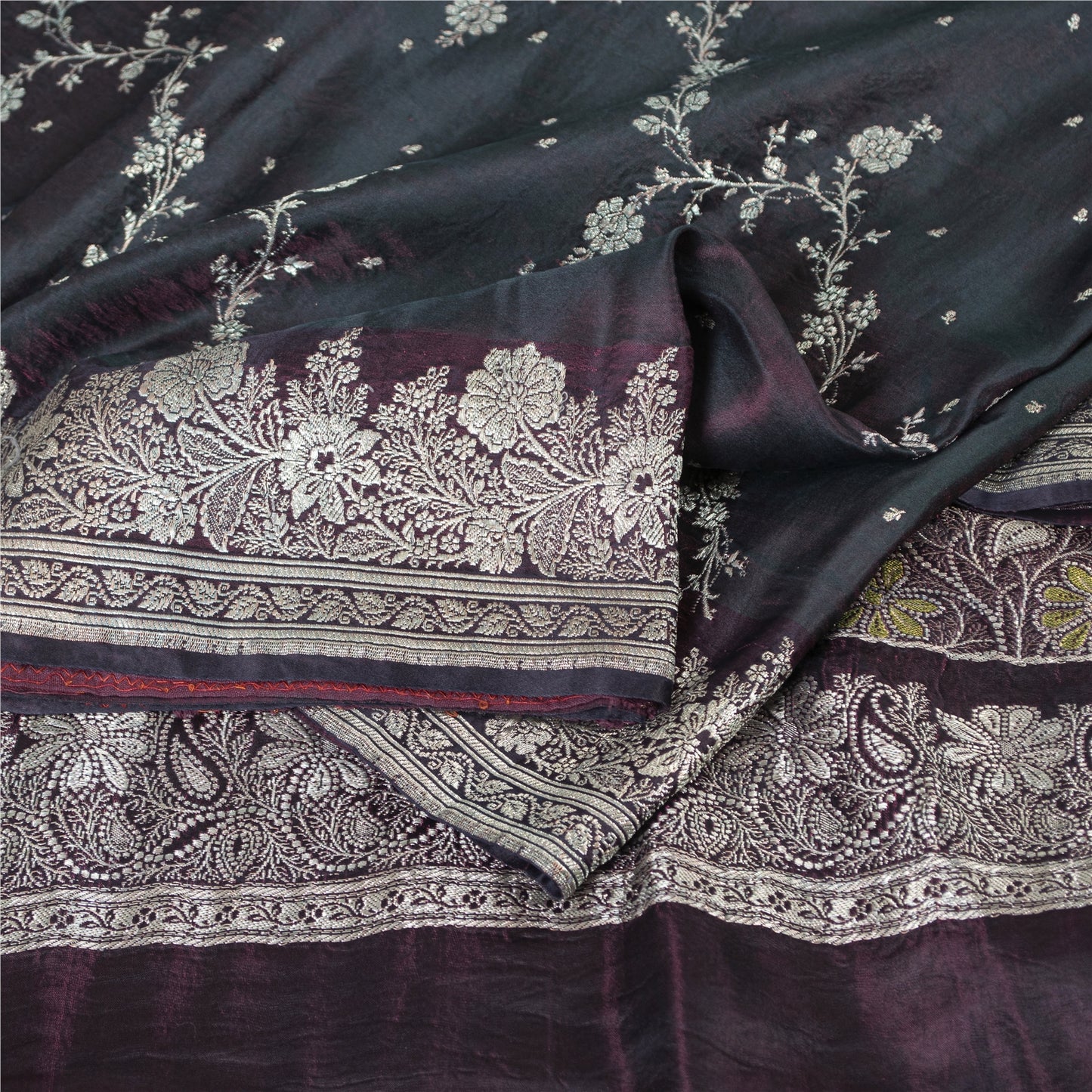 Sanskriti Vintage Sarees Wine Banarasi Brocade Zari Woven Pure Silk Sari Fabric