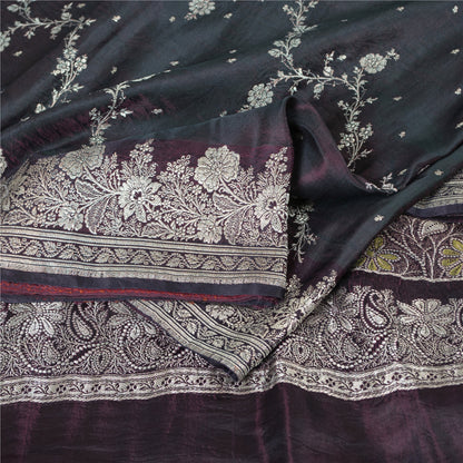Sanskriti Vintage Sarees Wine Banarasi Brocade Zari Woven Pure Silk Sari Fabric