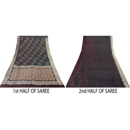 Sanskriti Vintage Sarees Wine Banarasi Brocade Zari Woven Pure Silk Sari Fabric