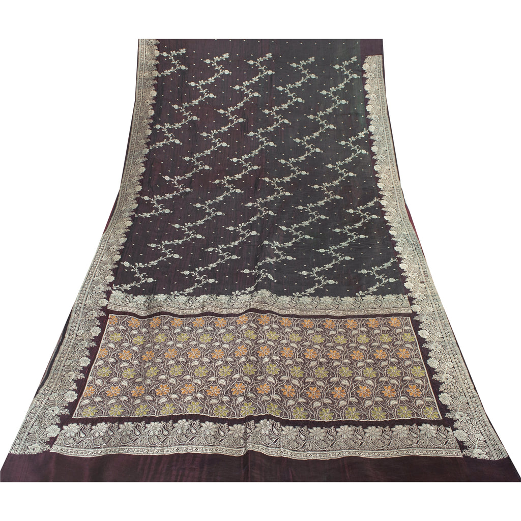 Sanskriti Vintage Sarees Wine Banarasi Brocade Zari Woven Pure Silk Sari Fabric