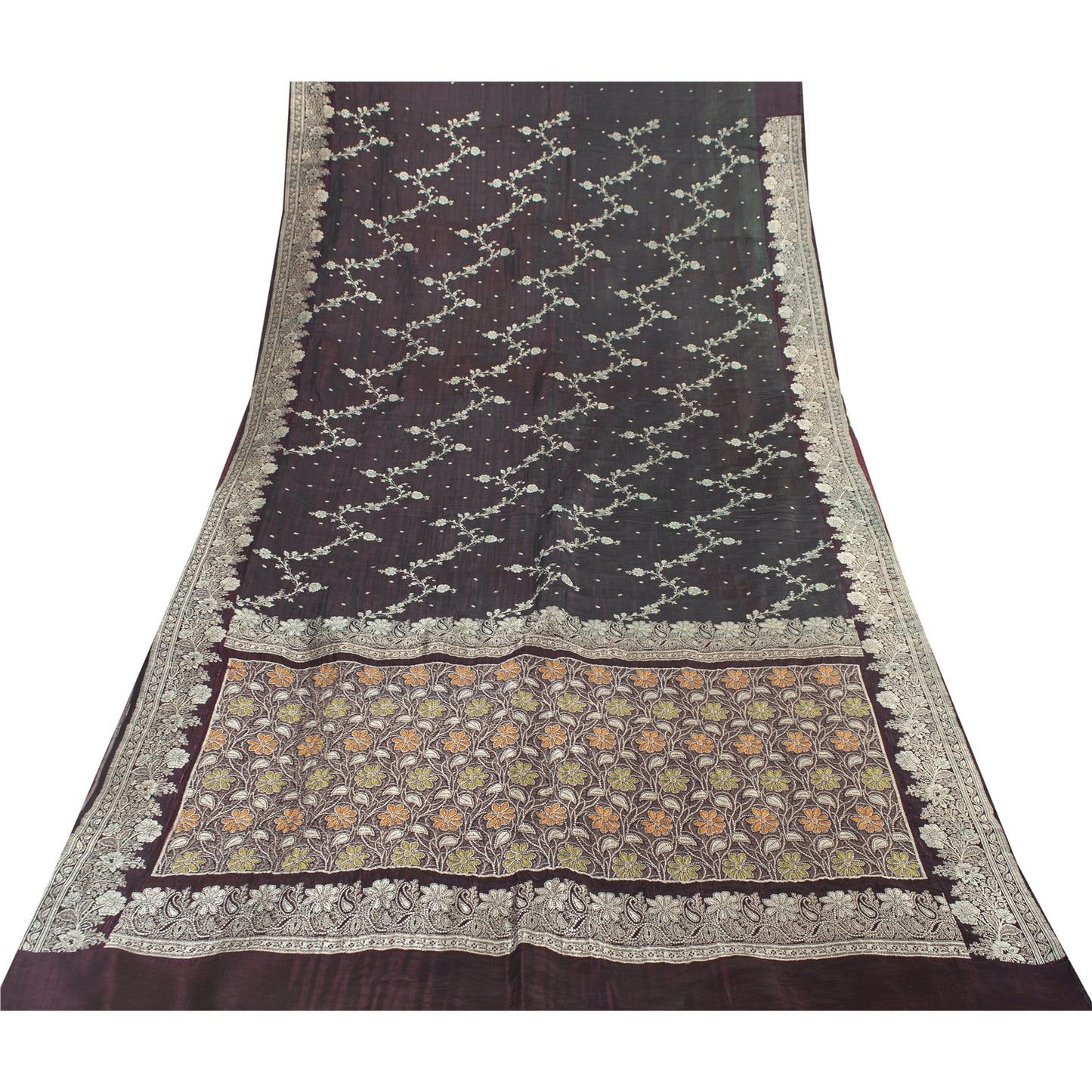 Sanskriti Vintage Sarees Wine Banarasi Brocade Zari Woven Pure Silk Sari Fabric
