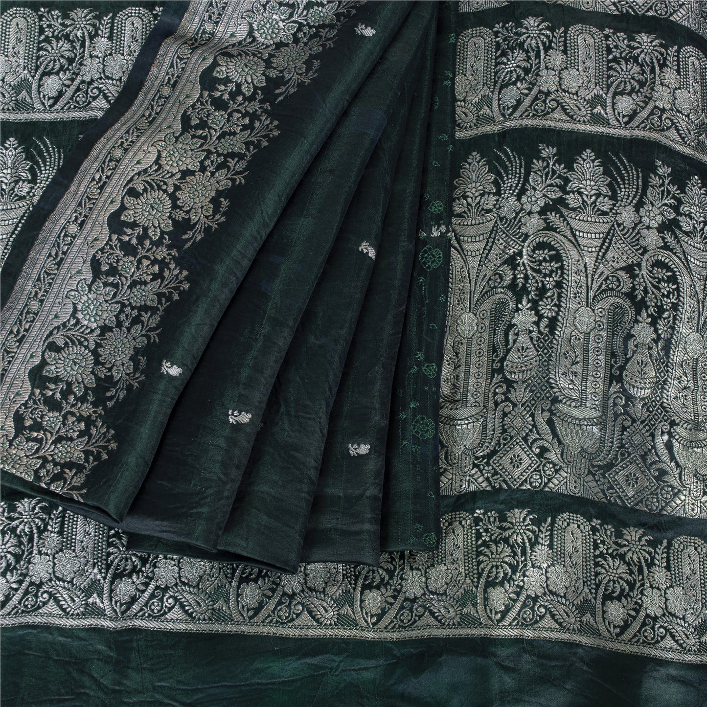 Sanskriti Vintage Green Sarees Pure Satin Zari Woven Brocade Banarasi 5+YD Sari