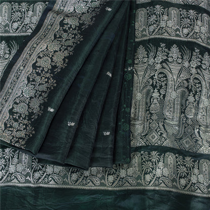Sanskriti Vintage Green Sarees Pure Satin Zari Woven Brocade Banarasi 5+YD Sari