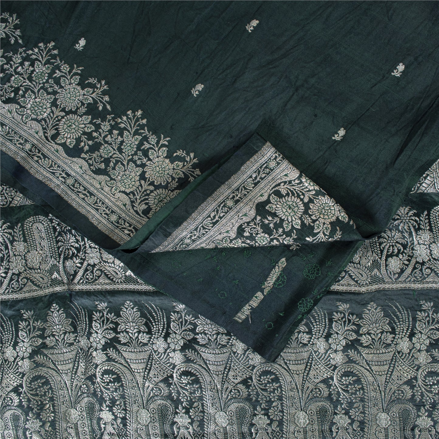 Sanskriti Vintage Green Sarees Pure Satin Zari Woven Brocade Banarasi 5+YD Sari