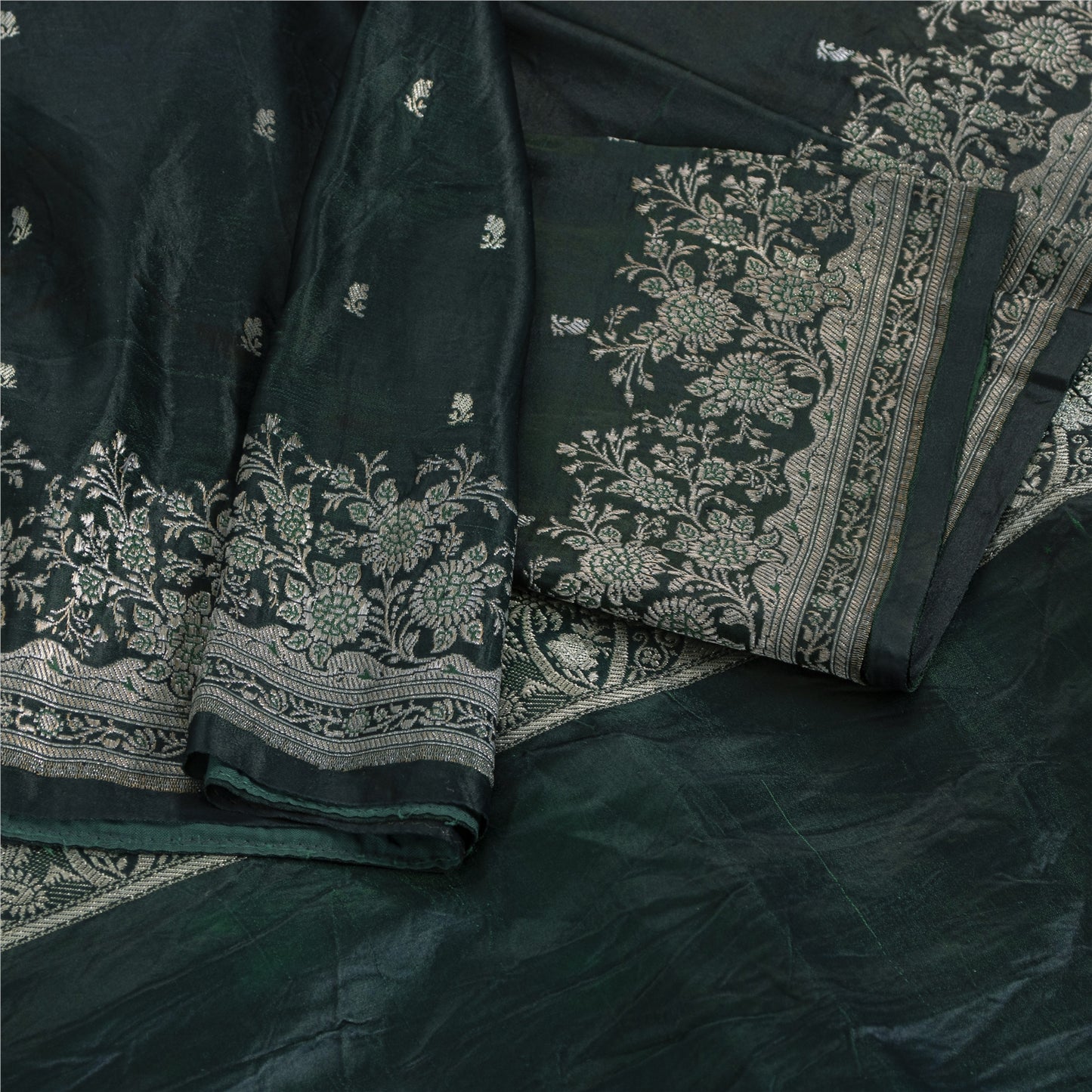 Sanskriti Vintage Green Sarees Pure Satin Zari Woven Brocade Banarasi 5+YD Sari