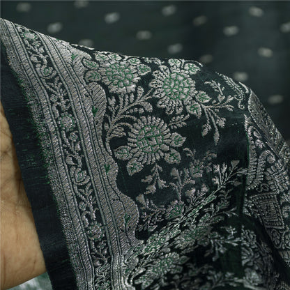 Sanskriti Vintage Green Sarees Pure Satin Zari Woven Brocade Banarasi 5+YD Sari