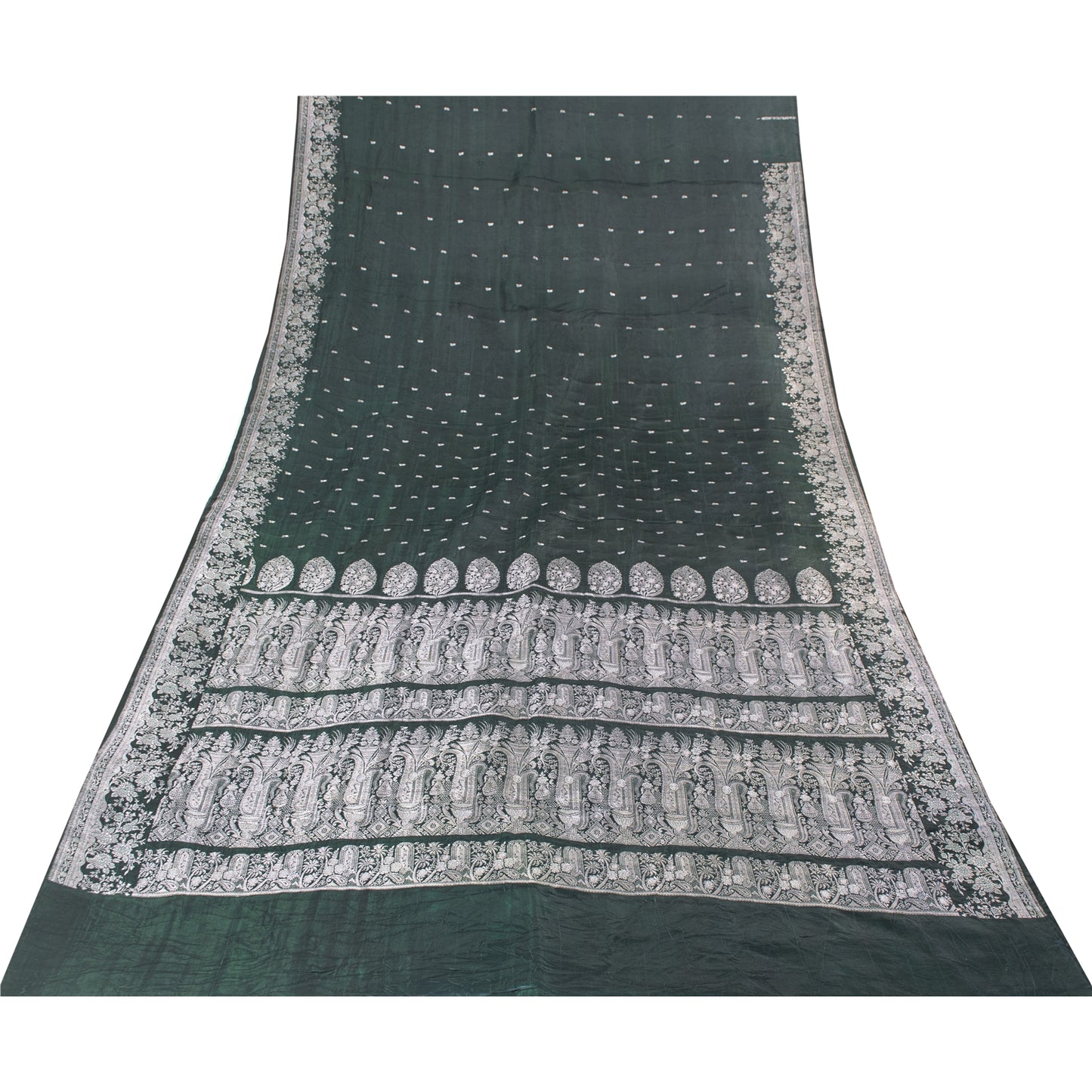 Sanskriti Vintage Green Sarees Pure Satin Zari Woven Brocade Banarasi 5+YD Sari
