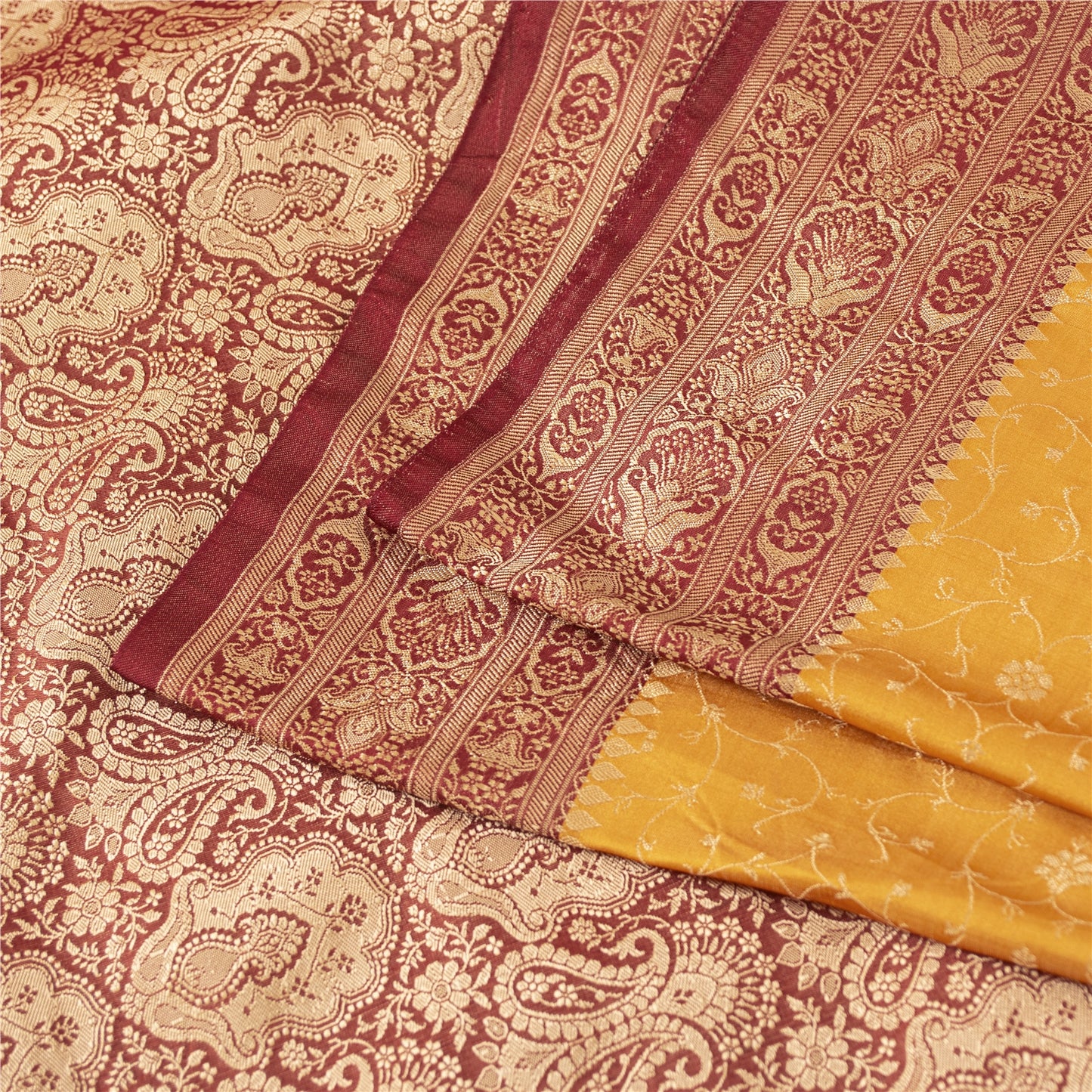 Sanskriti Vintage Yellow Sarees Pure Silk Woven IndianBrocade Banarasi 6+YD Sari