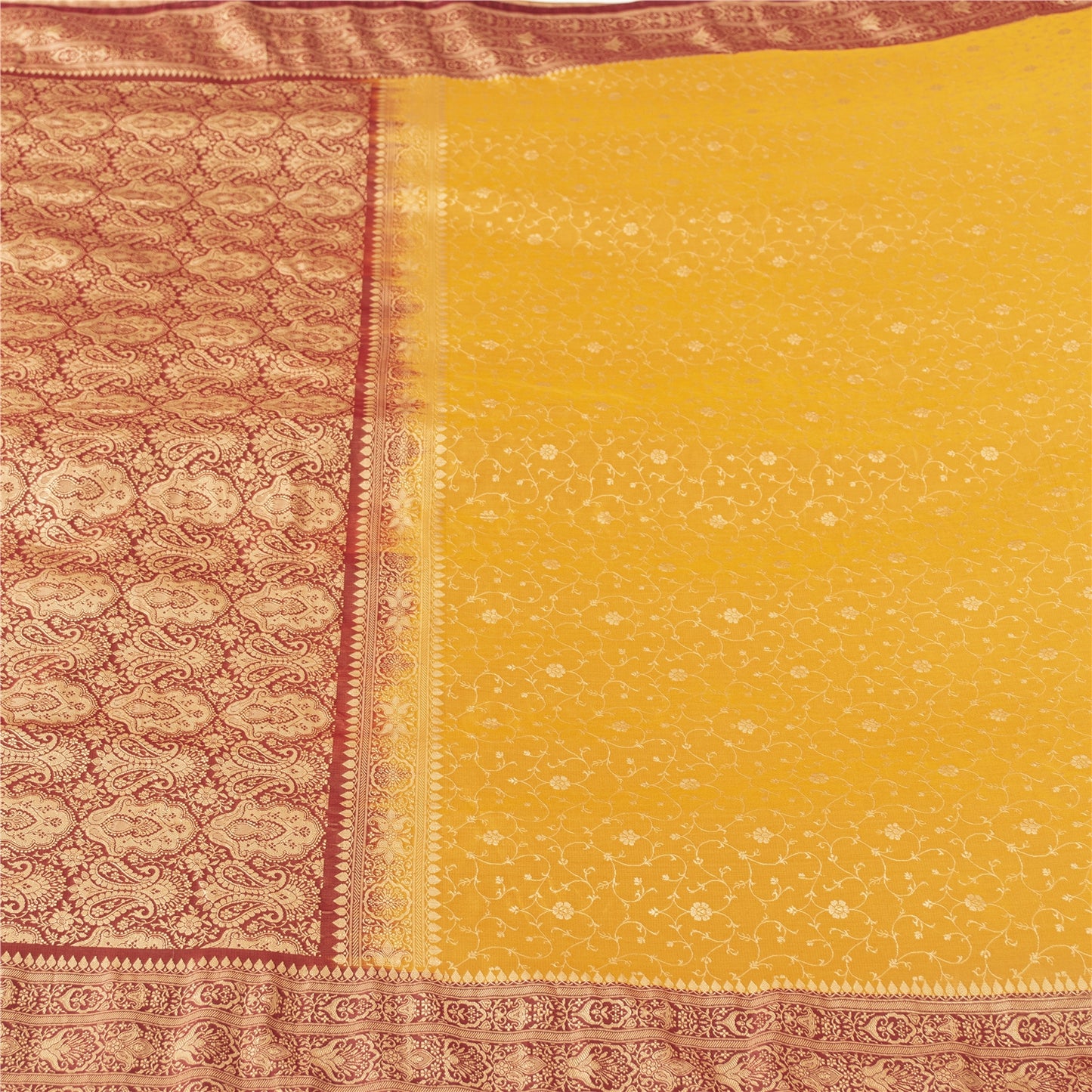 Sanskriti Vintage Yellow Sarees Pure Silk Woven IndianBrocade Banarasi 6+YD Sari