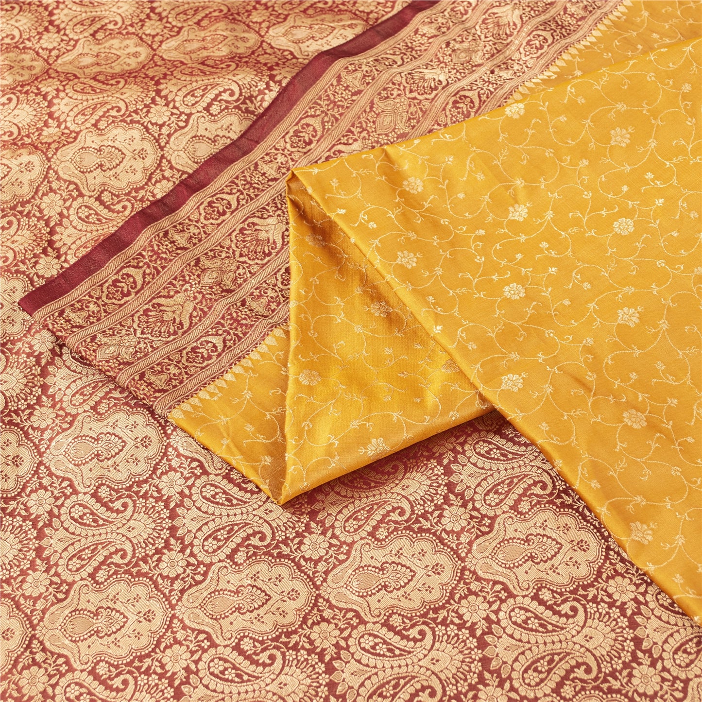 Sanskriti Vintage Yellow Sarees Pure Silk Woven IndianBrocade Banarasi 6+YD Sari