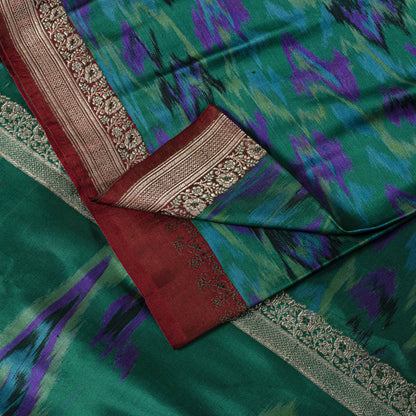 Sanskriti Vintage Green Pure Satin Saree BanarasiBrocade Zari-Ikat Handmade Sari