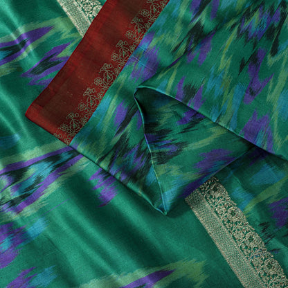 Sanskriti Vintage Green Pure Satin Saree BanarasiBrocade Zari-Ikat Handmade Sari
