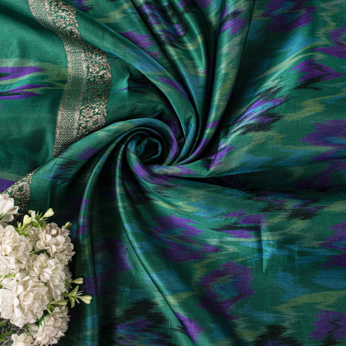 Sanskriti Vintage Green Pure Satin Saree BanarasiBrocade Zari-Ikat Handmade Sari
