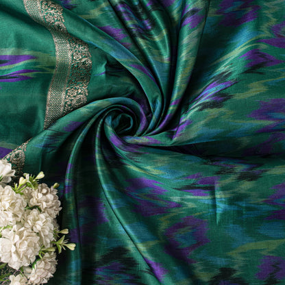Sanskriti Vintage Green Pure Satin Saree BanarasiBrocade Zari-Ikat Handmade Sari