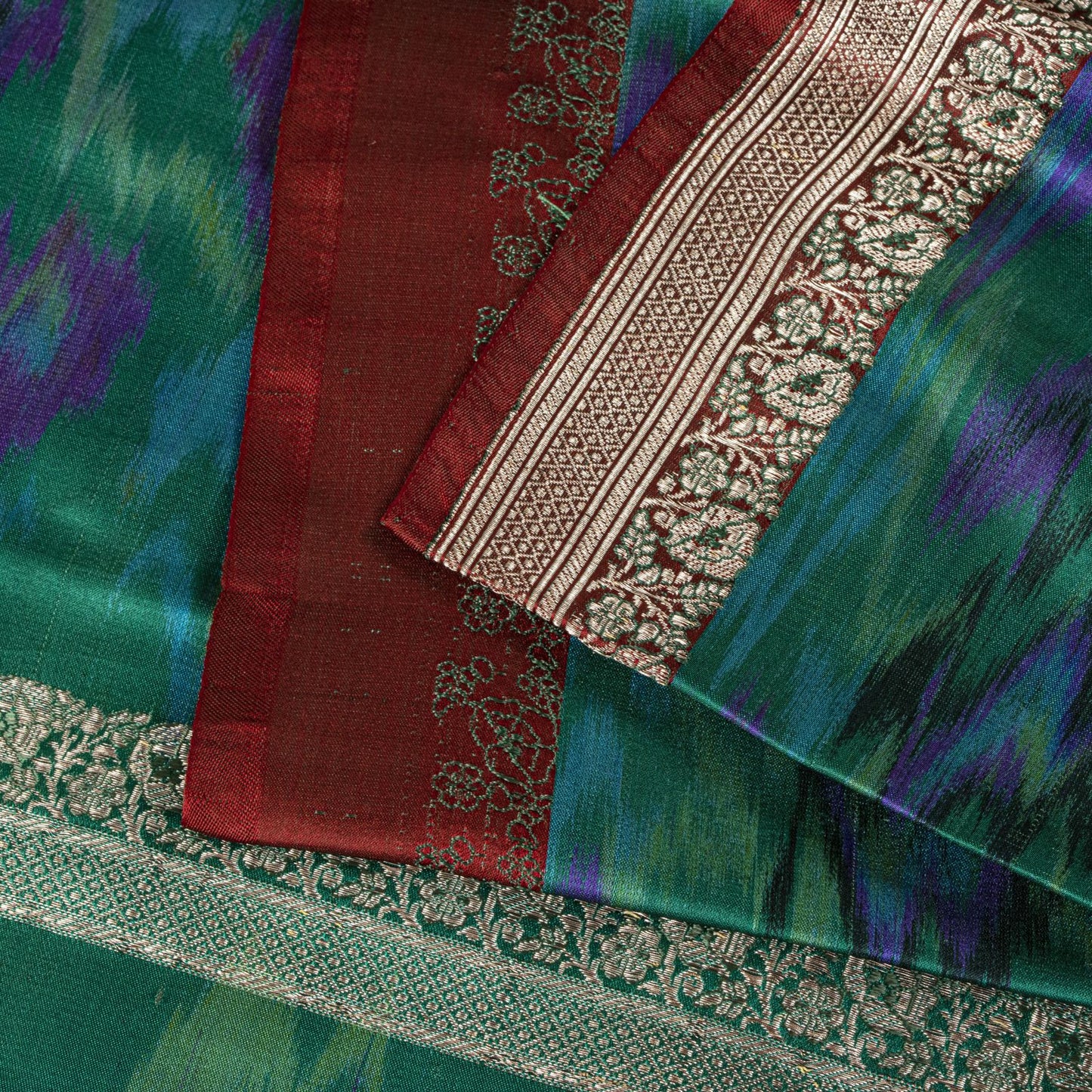 Sanskriti Vintage Green Pure Satin Saree BanarasiBrocade Zari-Ikat Handmade Sari