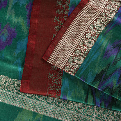 Sanskriti Vintage Green Pure Satin Saree BanarasiBrocade Zari-Ikat Handmade Sari