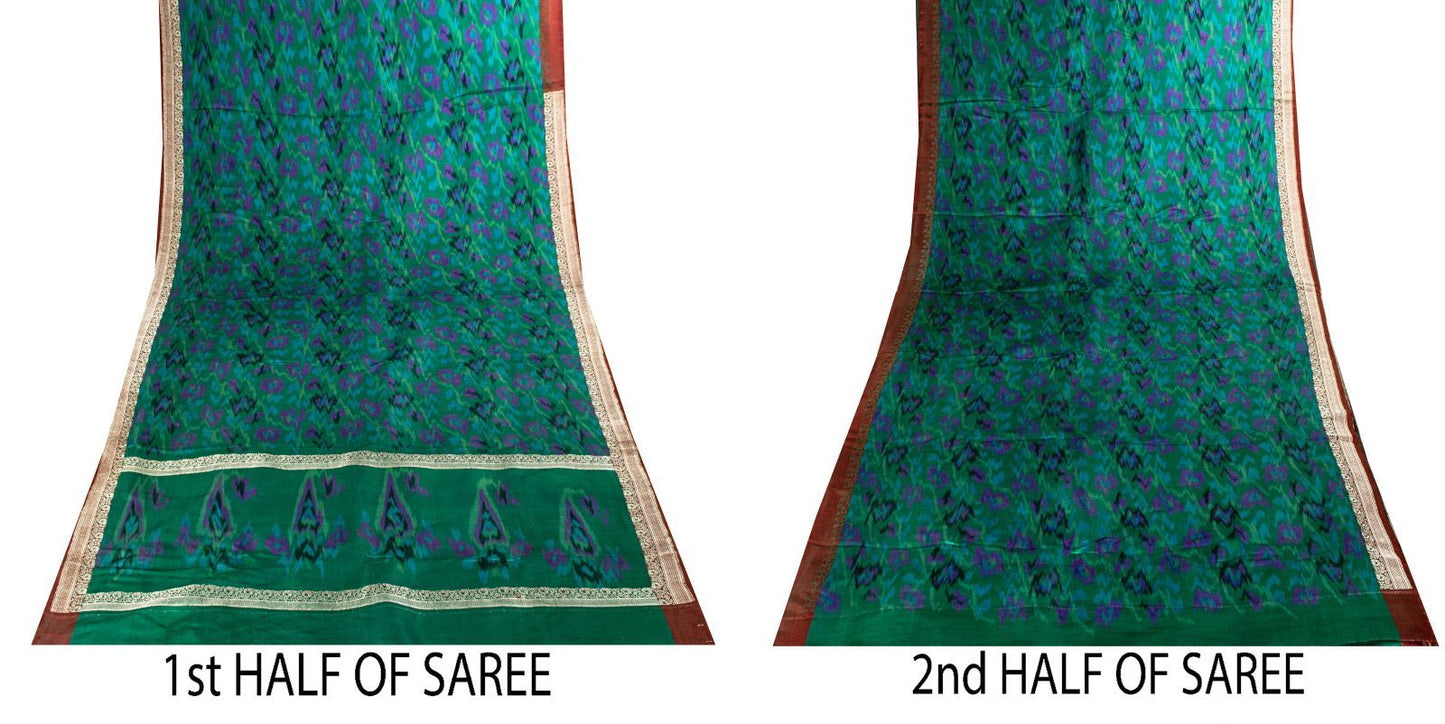 Sanskriti Vintage Green Pure Satin Saree BanarasiBrocade Zari-Ikat Handmade Sari