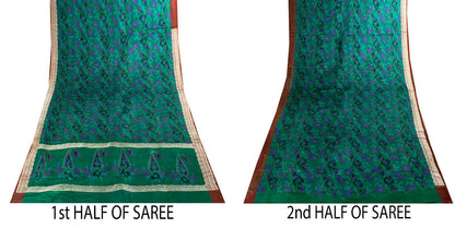 Sanskriti Vintage Green Pure Satin Saree BanarasiBrocade Zari-Ikat Handmade Sari