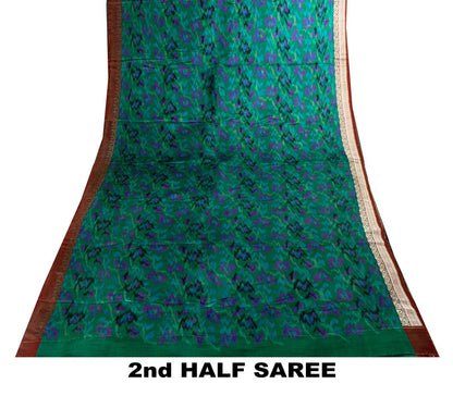 Sanskriti Vintage Green Pure Satin Saree BanarasiBrocade Zari-Ikat Handmade Sari