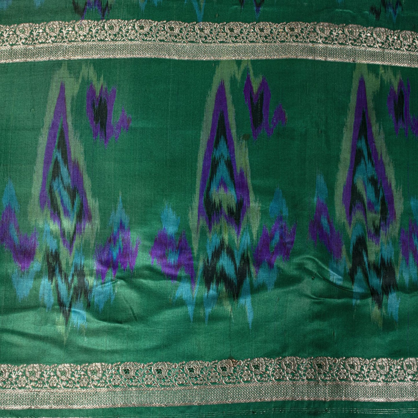 Sanskriti Vintage Green Pure Satin Saree BanarasiBrocade Zari-Ikat Handmade Sari