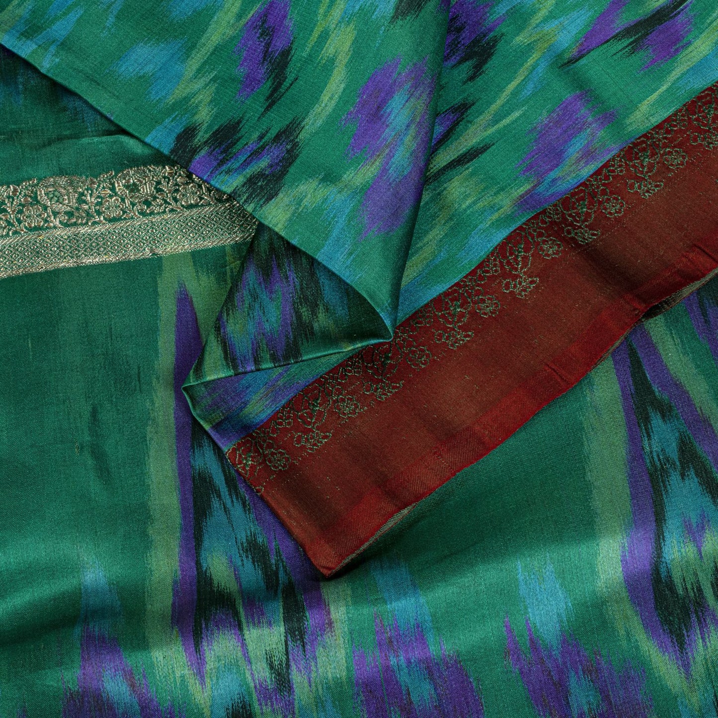 Sanskriti Vintage Green Pure Satin Saree BanarasiBrocade Zari-Ikat Handmade Sari