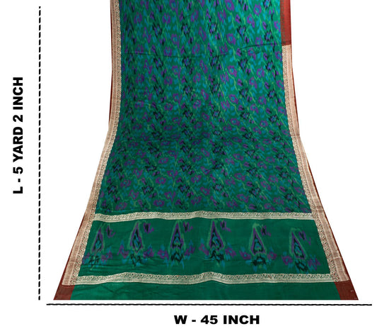 Sanskriti Vintage Green Pure Satin Saree BanarasiBrocade Zari-Ikat Handmade Sari