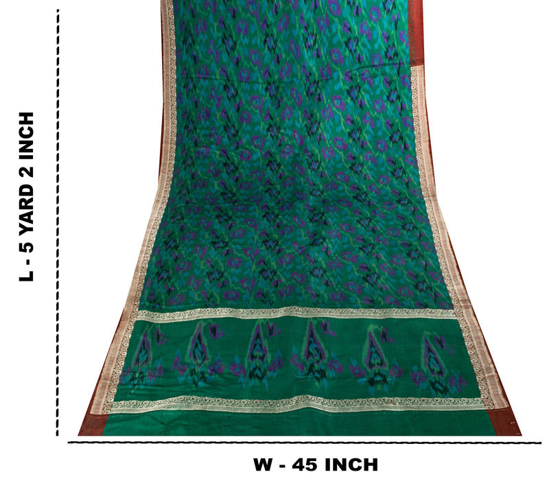 Sanskriti Vintage Green Pure Satin Saree BanarasiBrocade Zari-Ikat Handmade Sari