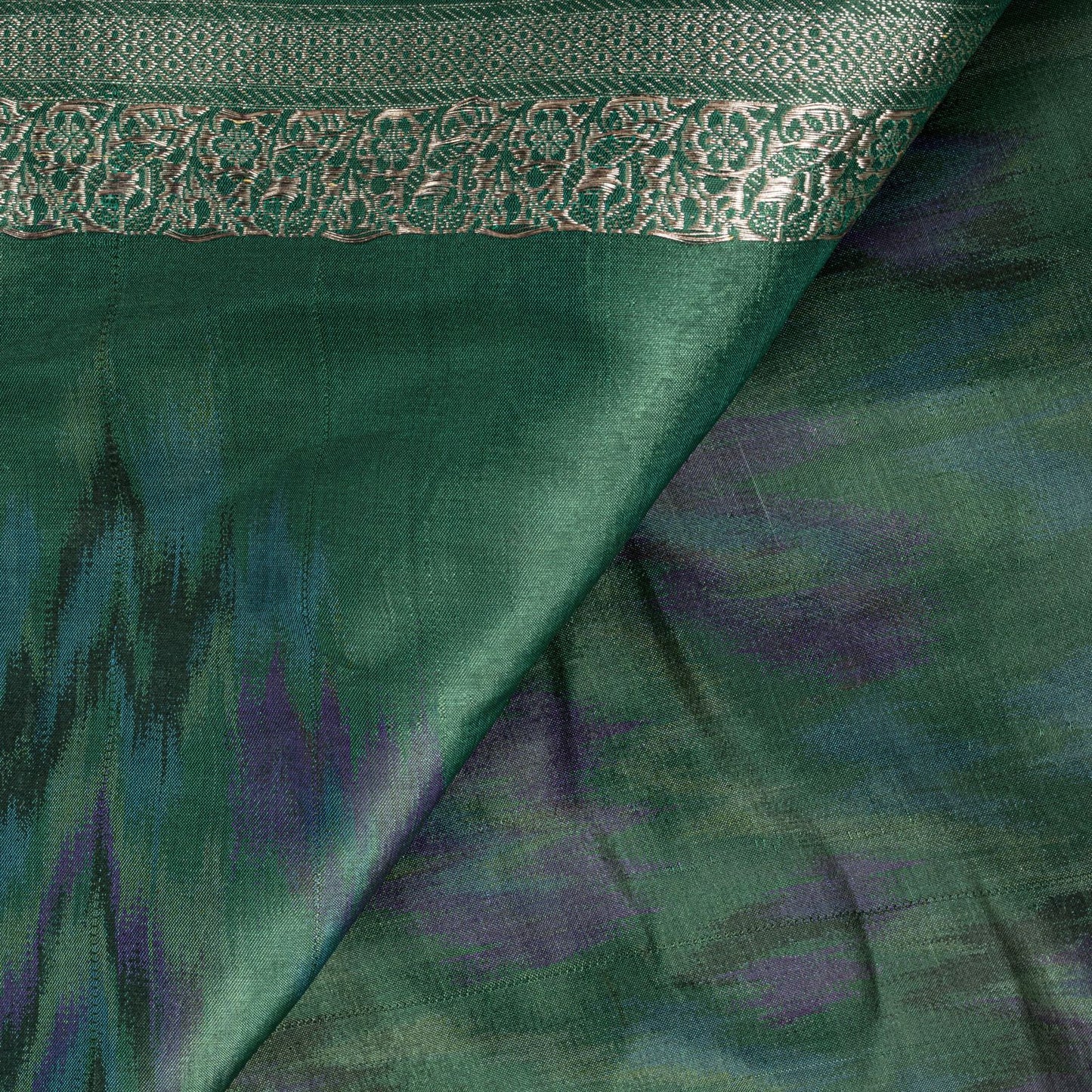 Sanskriti Vintage Green Pure Satin Saree BanarasiBrocade Zari-Ikat Handmade Sari