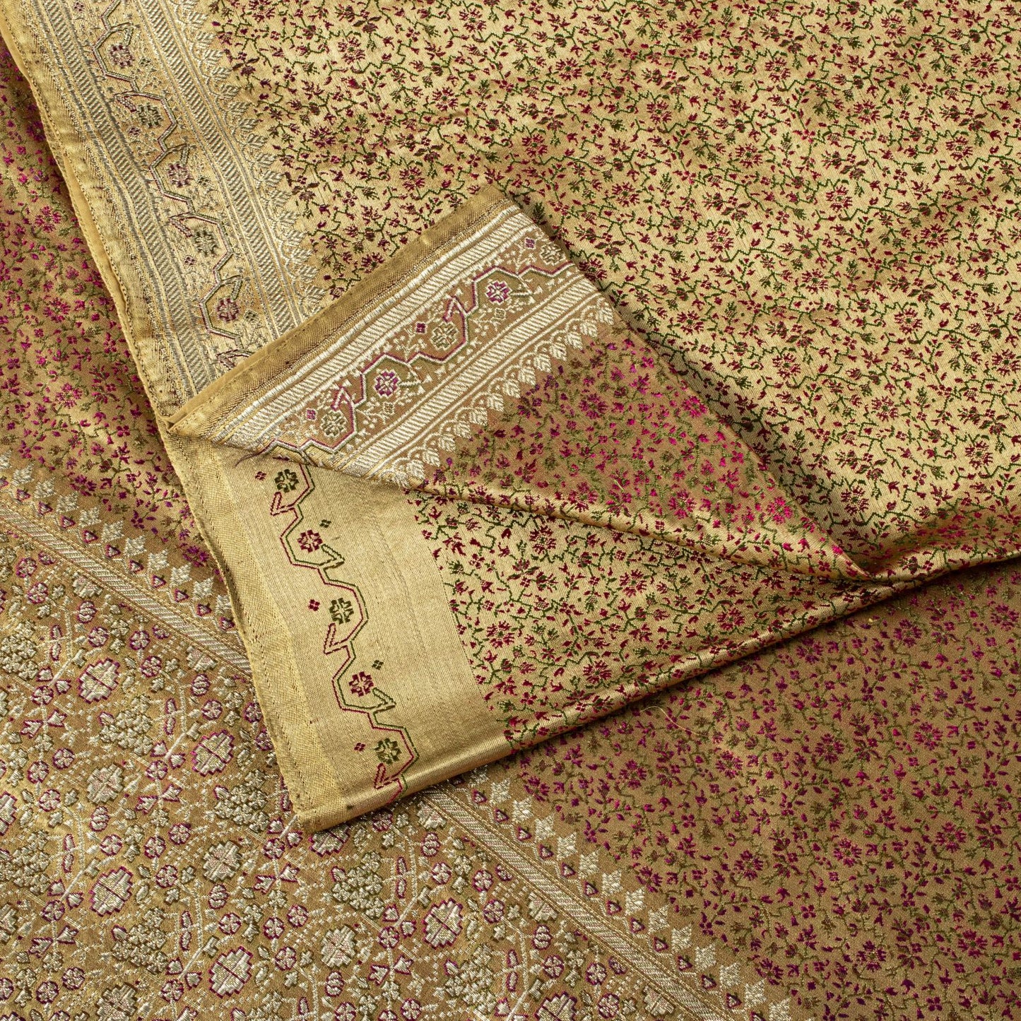 Sanskriti Vintage Beige Pure Satin Saree Banarasi Brocade Zari Hand-Woven Sari