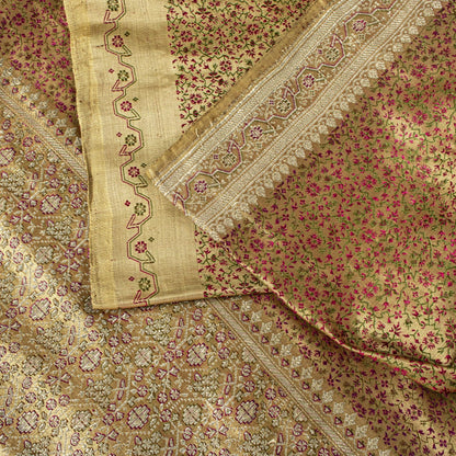 Sanskriti Vintage Beige Pure Satin Saree Banarasi Brocade Zari Hand-Woven Sari
