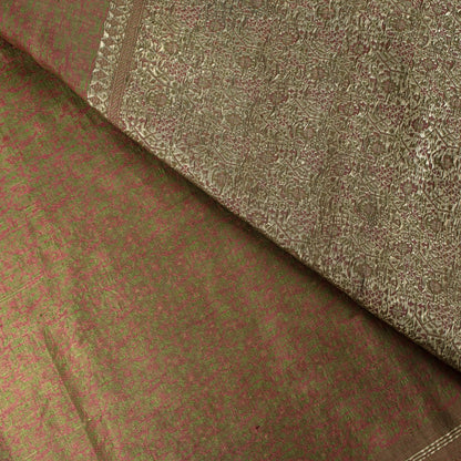 Sanskriti Vintage Beige Pure Satin Saree Banarasi Brocade Zari Hand-Woven Sari