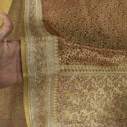 Sanskriti Vintage Beige Pure Satin Saree Banarasi Brocade Zari Hand-Woven Sari