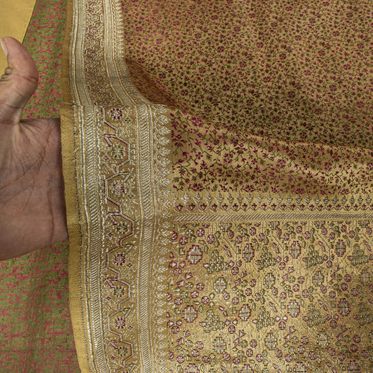 Sanskriti Vintage Beige Pure Satin Saree Banarasi Brocade Zari Hand-Woven Sari