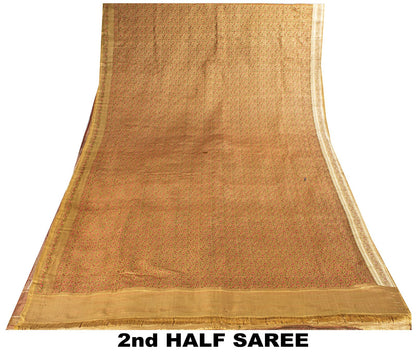 Sanskriti Vintage Beige Pure Satin Saree Banarasi Brocade Zari Hand-Woven Sari