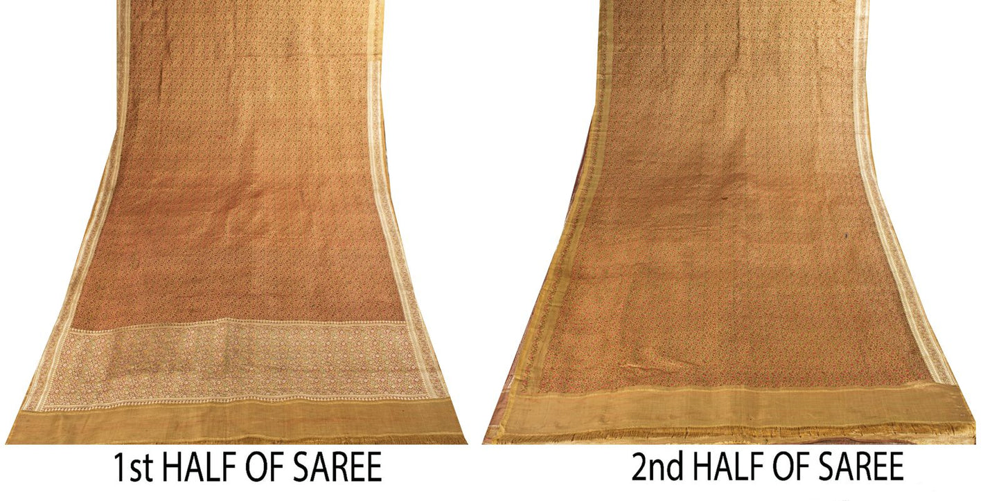 Sanskriti Vintage Beige Pure Satin Saree Banarasi Brocade Zari Hand-Woven Sari